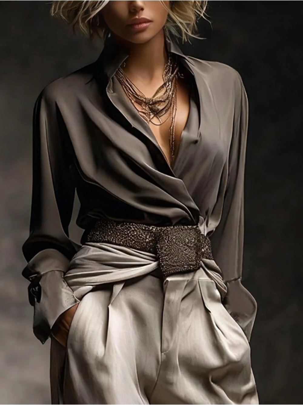 STYLEWE Satin Brown Wrap Blouse with Drape Front